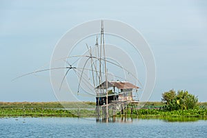 Fisherman`s village in Thailand with a number of fishing tools called