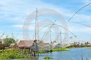 Fisherman`s village in Thailand with a number of fishing tools called