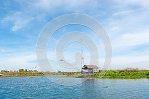 Fisherman`s village in Thailand with a number of fishing tools called `Yok Yor`, Thailand`s traditional fishing tools that made fo