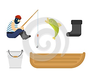 Fisherman set. boat fishing. Fishing rod and Fish. Vector illus