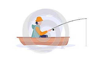 Fisherman sits on boat with fishing rod. Fishman crocheted spin into the sea. Fishing concept. Flat style vector illustration