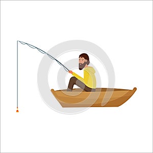 Fisherman sitting in boat with equipment isolated on white background stock vector illustration in flat style