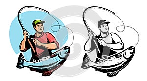 Fisherman with spinning rod caught big fish. Fishing sport emblem or logo. Vector illustration isolated