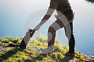 Fisherman with spinning rod gives the cat a fish perch on nature background. Angler man with fishing spinning or casting