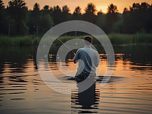 Fisherman with a spinning rod in the water at sunset