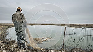 A fisherman standing beside a barren lifeless body of water his empty fishing net a stark reminder of the devastating