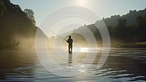 fisherman standing in river at morning fog