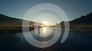 fisherman standing in river at morning fog