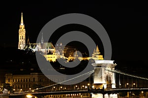 Fisherman towers and Chain bridge by night Budapest