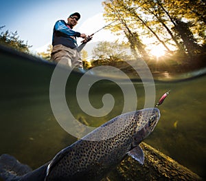 Fisherman and trout, underwater view.