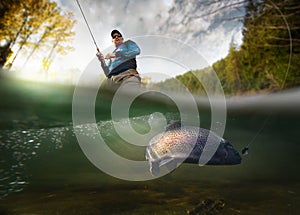 Fisherman and trout, underwater view.