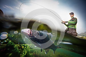 Fisherman and trout, underwater view.