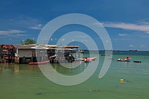 fisherman village and boats by the sea in summer, Sriracha, Chonburi