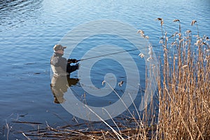 Fisherman in waders catches pike in the lake