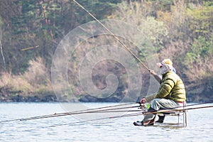 Fisherman were fishing at lake Saiko in Yamanashi, Japan