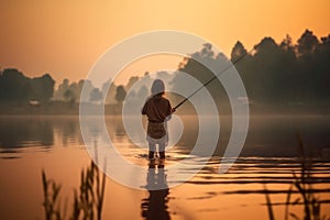 Fisherman woman morning fishing rod. Generate Ai