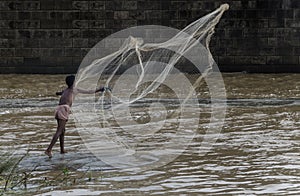 The fisherman in work with a fishing net, eager to earn livelihood photo