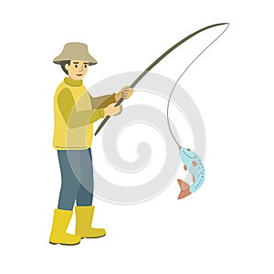 A fisherman in yellow boots and a hat caught a fish with a fishing rod isolated on a white background.