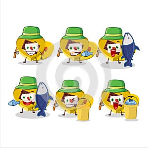 A fisherman yellow love open gift box cartoon picture catch a big fish