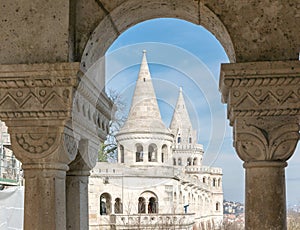 Fishermans Bastion, Buda castle in Budapest. View through the arch