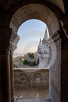 Fishermans Bastion view in Budapest framed by the window