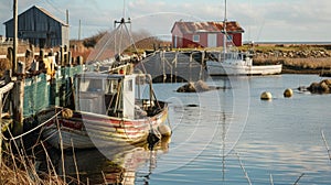 A fishermans boat docked on one side of the farm ready to transport the freshly harvested fish
