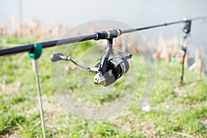 Fishermans gear, fishing rod on monopod