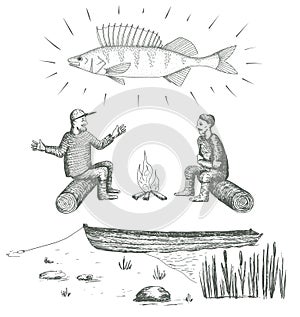 Fishermen. Big fish. Perch. Boat on the lake in reeds. Hand drawn vector image.