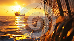 Fishermen on boat, watercraft, enjoy ocean sunset, recreation, sky AIG41