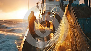 Fishermen on boat, watercraft, enjoy ocean sunset, recreation, sky AIG41