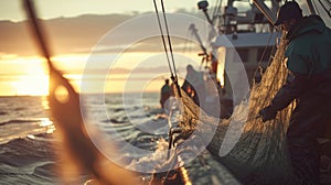 Fishermen on boat, watercraft, enjoy ocean sunset, recreation, sky AIG41