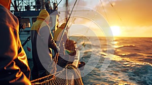 Fishermen on boat, watercraft, enjoy ocean sunset, recreation, sky AIG41