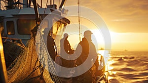 Fishermen on boat, watercraft, enjoy ocean sunset, recreation, sky AIG41
