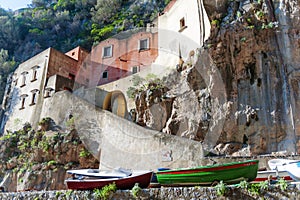 Fishermen boats and old houses in Furore village, Amalfi coast, Italy