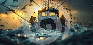 Fishermen casting fishing nets into the sea from their boat in full action at dawn. A day in the hard life of professional