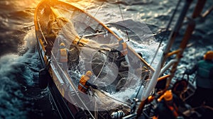 Fishermen casting fishing nets into the sea from their boat in full action. A day in the hard life of professional fishermen