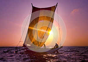 Fishermen Catamaran Sunset Seascape Sailboat Ripple Concept