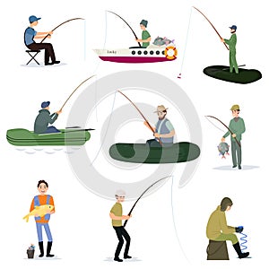 Fishermen Catching Fish with Fishing Rods Set, Male Fisher Characters Sitting on Shore and Using Boats Vector