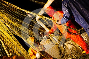 Fishermen choose a trawl with fish aboard