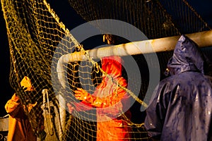 Fishermen choose a trawl with fish the ship