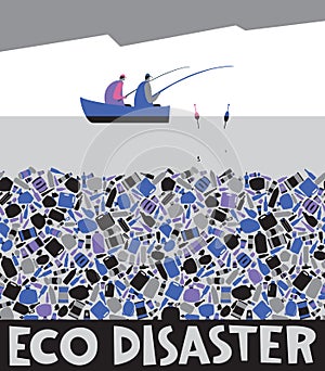 Fishermen are fishing on a boat. The bottom consists of garbage. Lettering eco disaster