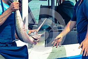 Fishermen holding swordfish