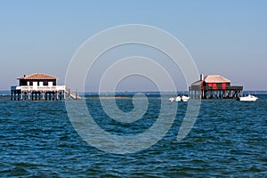 Fishermen houses huts of the basin of Arcachon pond on stilts in France at cap ferret Cabanes Tchanquees