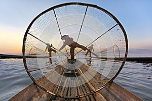 Fishermen in Inle Lake at the sunrise, Myanmar