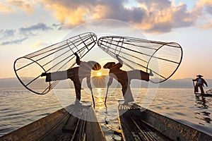 Fishermen in Inle Lake at the sunrise, Myanmar
