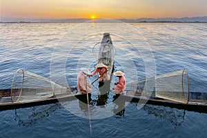 Fishermen in Inle Lake at the sunrise, Myanmar