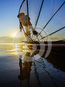 Fishermen in Inle Lake at sunrise, Shan State, Myanmar