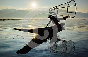 Fishermen in Inle Lake at sunrise, Shan State, Myanmar