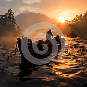 Fishermen looking for fish in the sea with a silhouette background in the afternoon