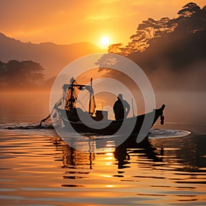 Fishermen looking for fish in the sea with a silhouette background in the afternoon